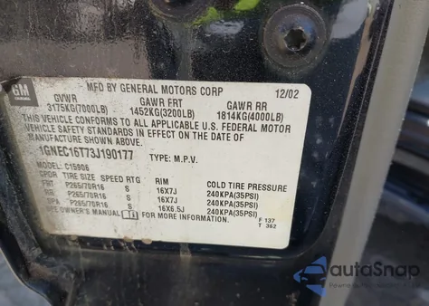 2003 Chevrolet Suburban 1500 Ls from USA, damaged, VIN 1GNEC16T73J190177